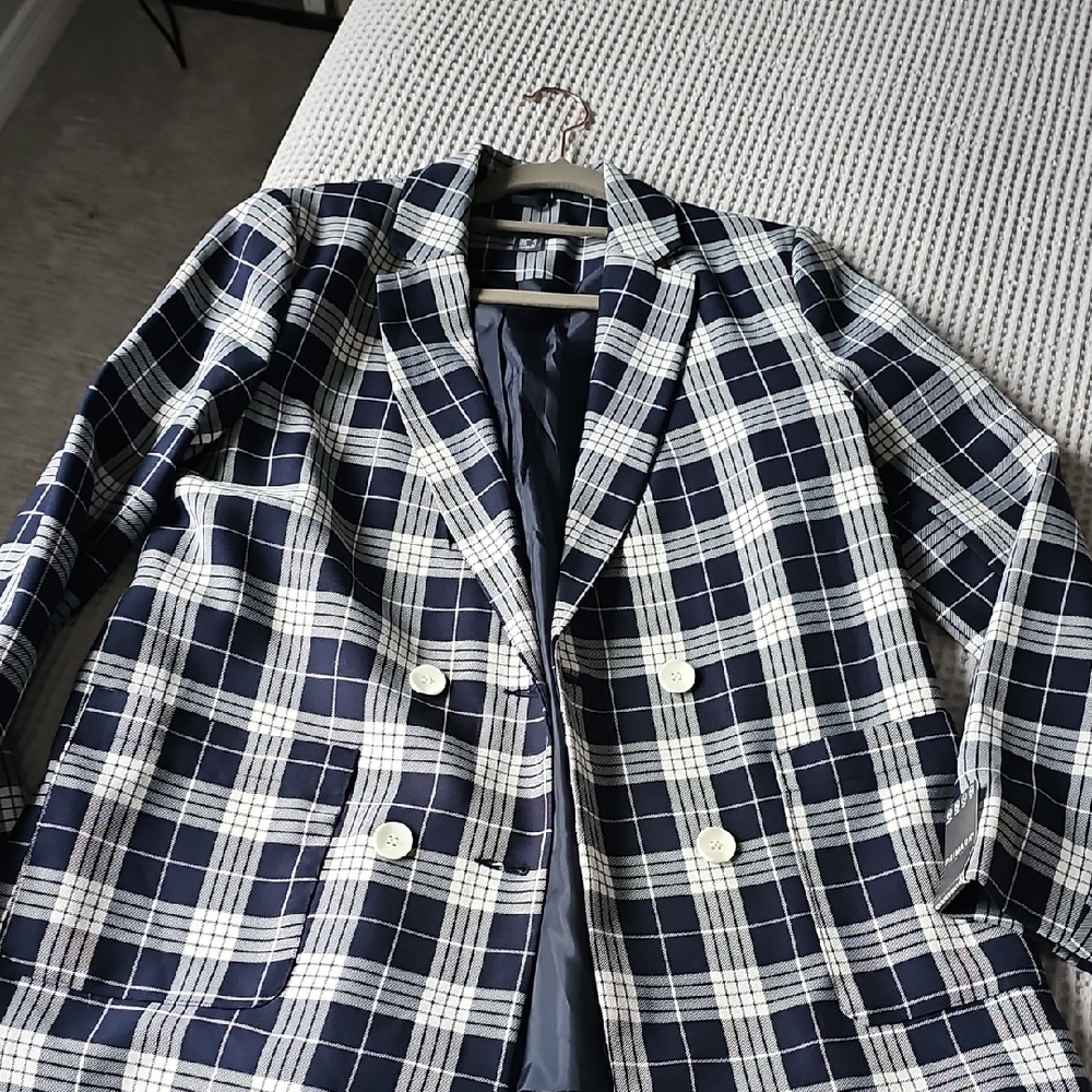 Primark Navy and White Plaid Blazer